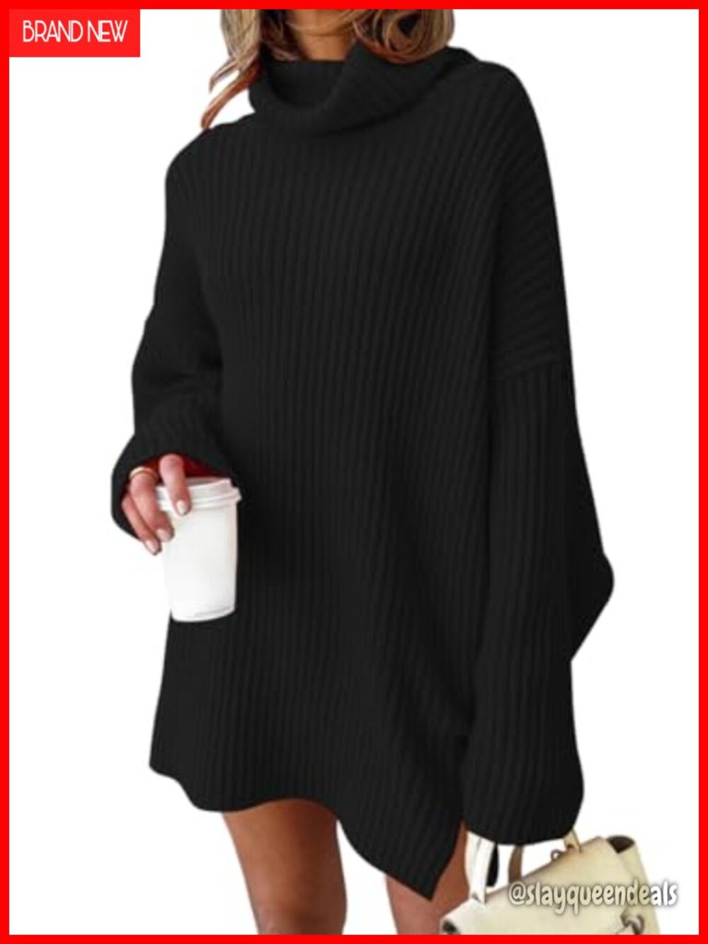 Oversized Turtleneck Sweater Dress Batwing Sleeve Split Hem Knit Winter